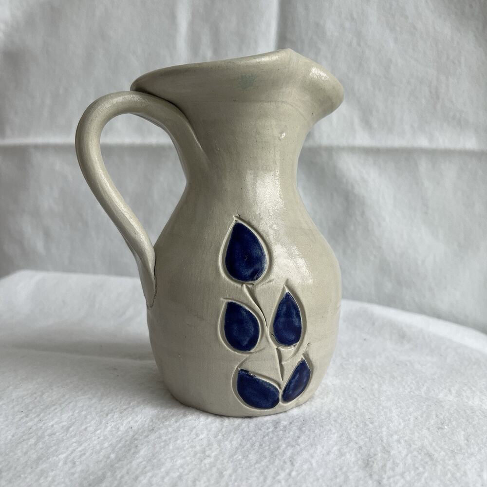 Williamsburg pottery small pitcher blue leaves painted one side, No cracks/chips